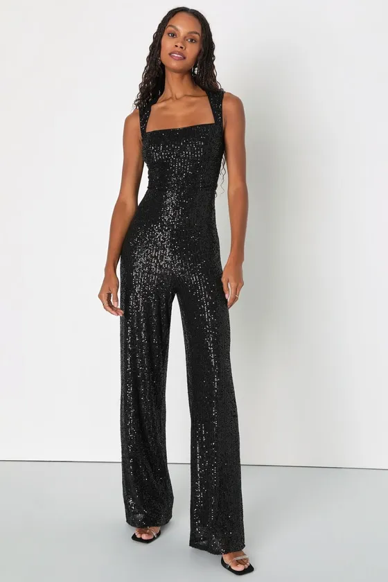 Enticing Endeavors Black Sequin Sleeveless Jumpsuit sold by Lulus
