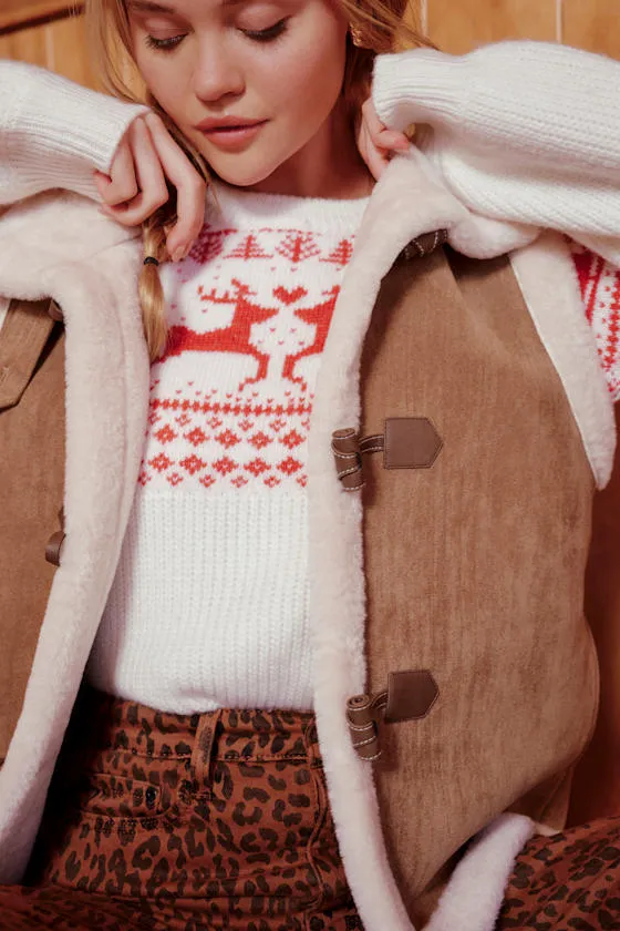 Classic Cozy Tan Shearling Toggle Vest sold by Lulus