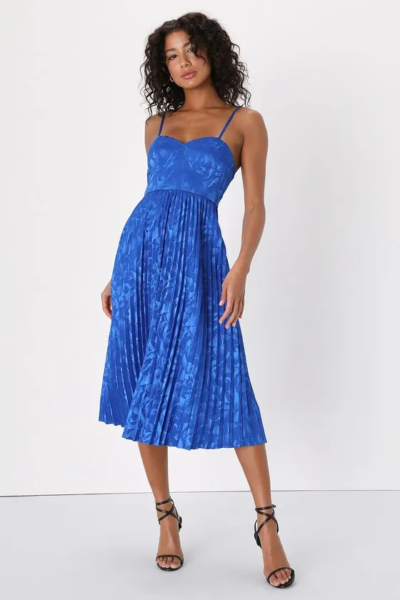 Chic Sensibility Cobalt Blue Satin Jacquard Pleated Midi Dress sold by Lulus