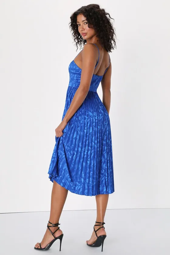 Chic Sensibility Cobalt Blue Satin Jacquard Pleated Midi Dress sold by Lulus product image thumbnail 2