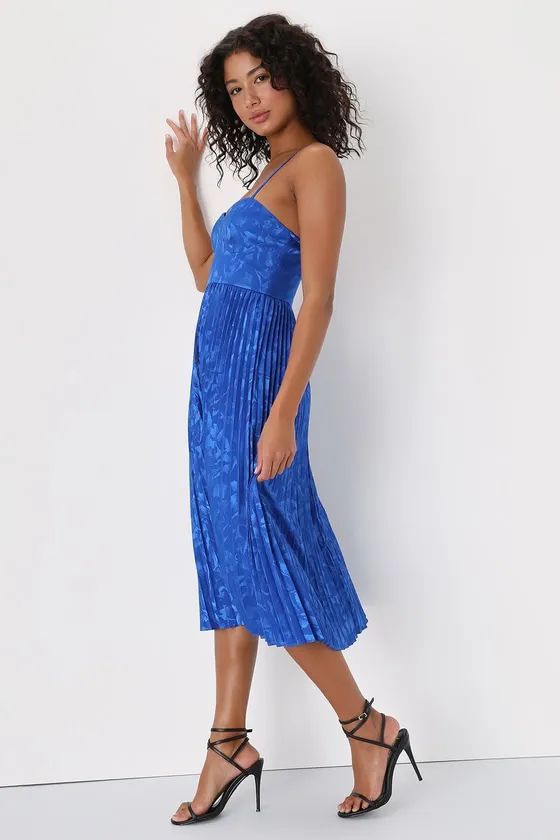 Chic Sensibility Cobalt Blue Satin Jacquard Pleated Midi Dress sold by Lulus product image thumbnail 3