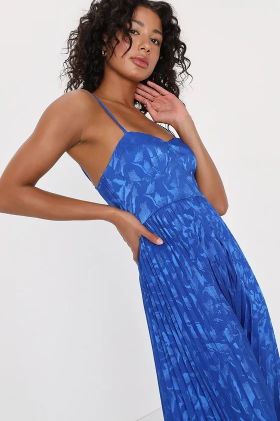 Chic Sensibility Cobalt Blue Satin Jacquard Pleated Midi Dress sold by Lulus product image thumbnail 4