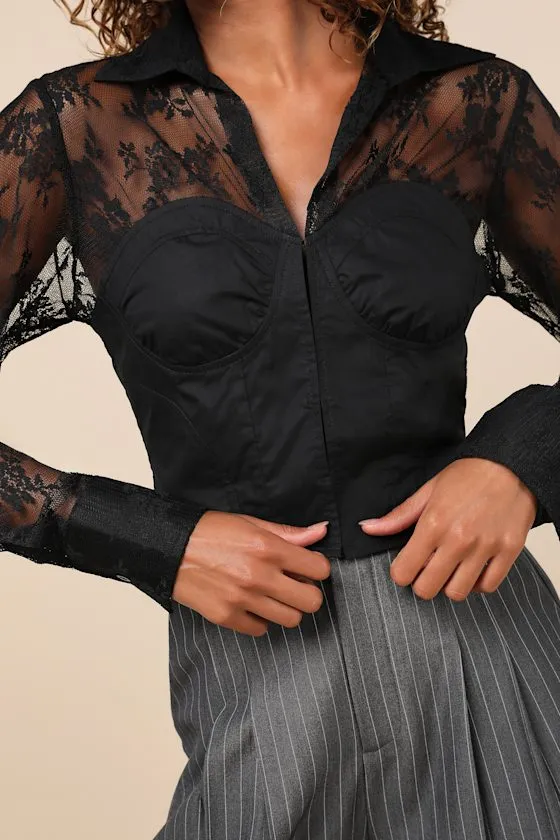 Major Affection Black Lace Collared Cropped Bustier Top sold by Lulus product image thumbnail 4
