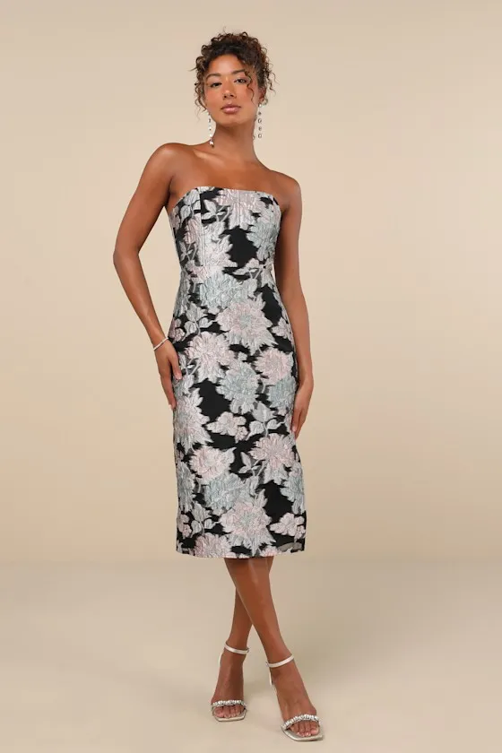 Upgraded Event Black Jacquard Strapless Bustier Midi Dress sold by Lulus