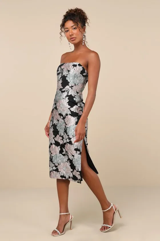 Upgraded Event Black Jacquard Strapless Bustier Midi Dress sold by Lulus product image thumbnail 2