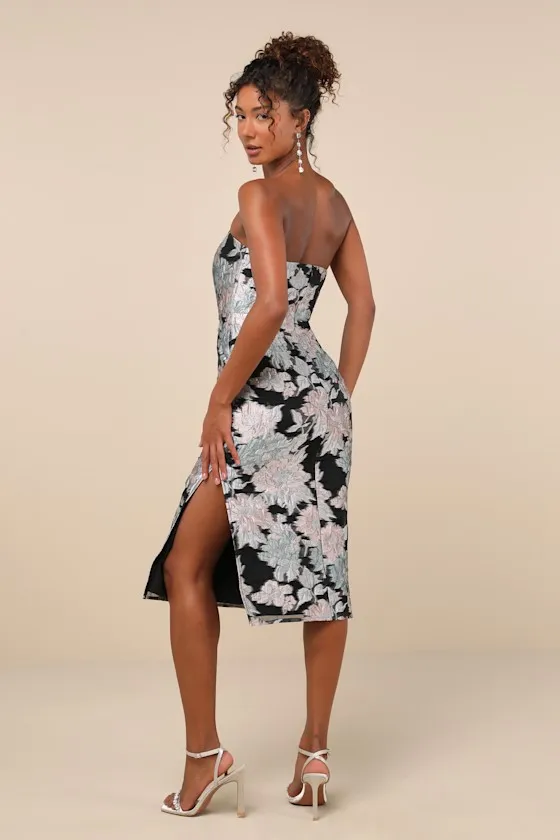 Upgraded Event Black Jacquard Strapless Bustier Midi Dress sold by Lulus product image thumbnail 3