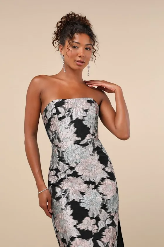 Upgraded Event Black Jacquard Strapless Bustier Midi Dress sold by Lulus product image thumbnail 4
