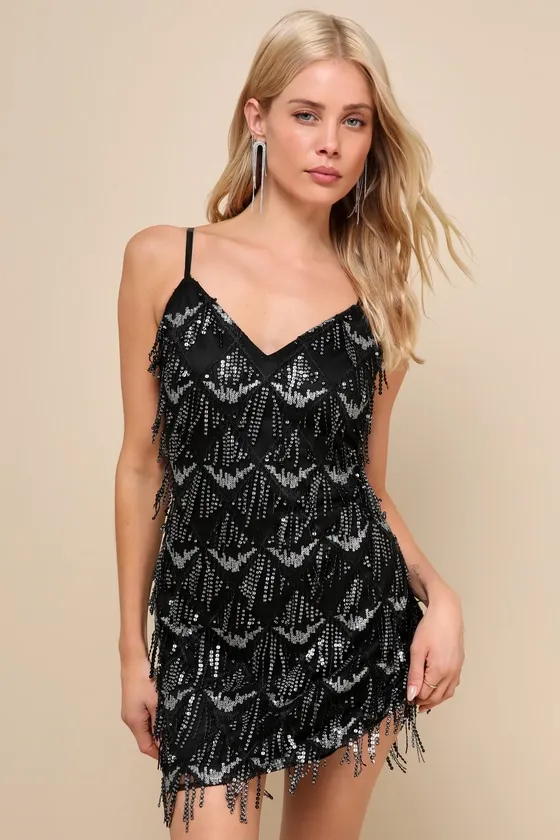 Signature Sparkle Black Sequin Fringe Bodycon Mini Dress sold by Lulus