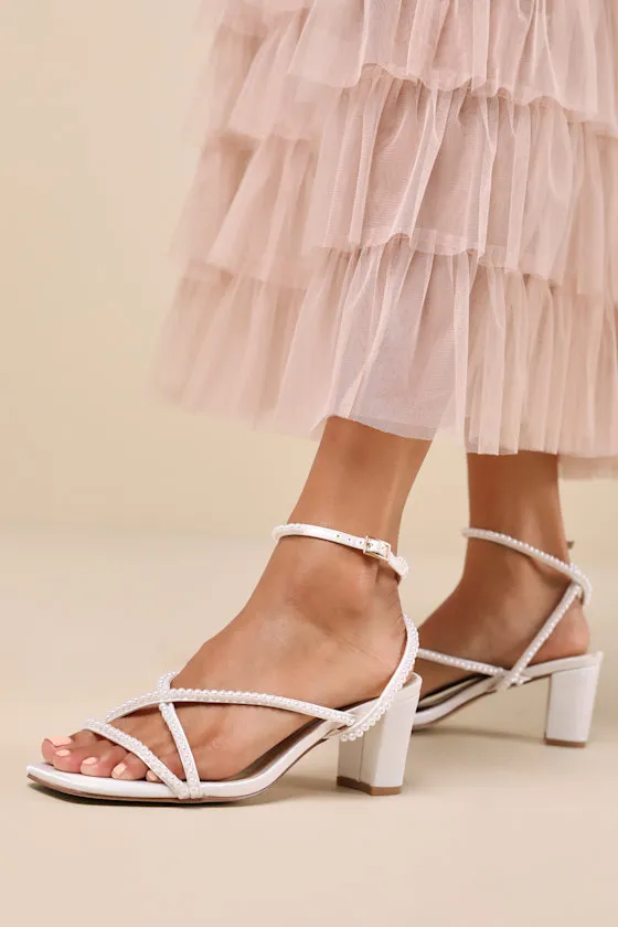 Makenna White Pearl Satin Strappy Ankle Strap Low Heel Sandals sold by Lulus