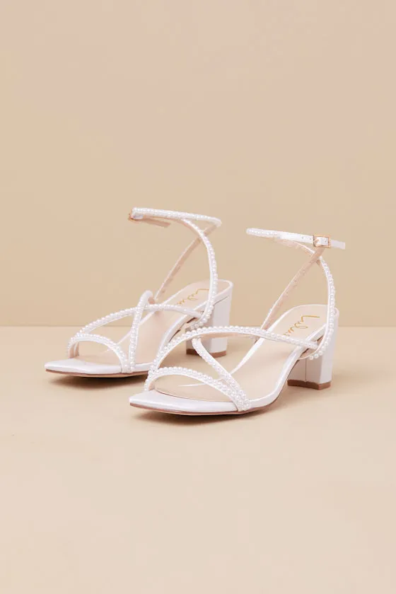 Makenna White Pearl Satin Strappy Ankle Strap Low Heel Sandals sold by Lulus product image thumbnail 2