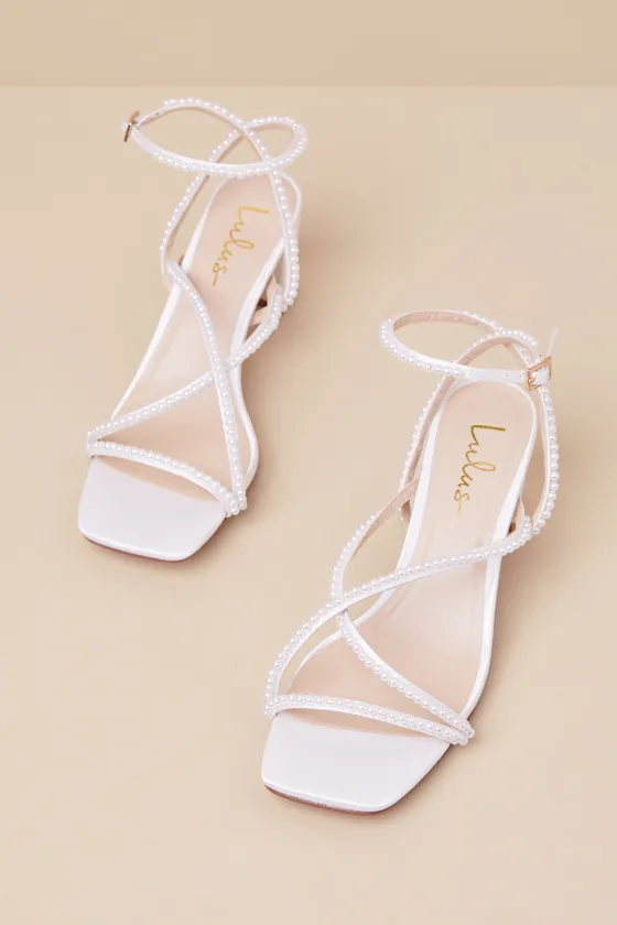 Makenna White Pearl Satin Strappy Ankle Strap Low Heel Sandals sold by Lulus product image thumbnail 3