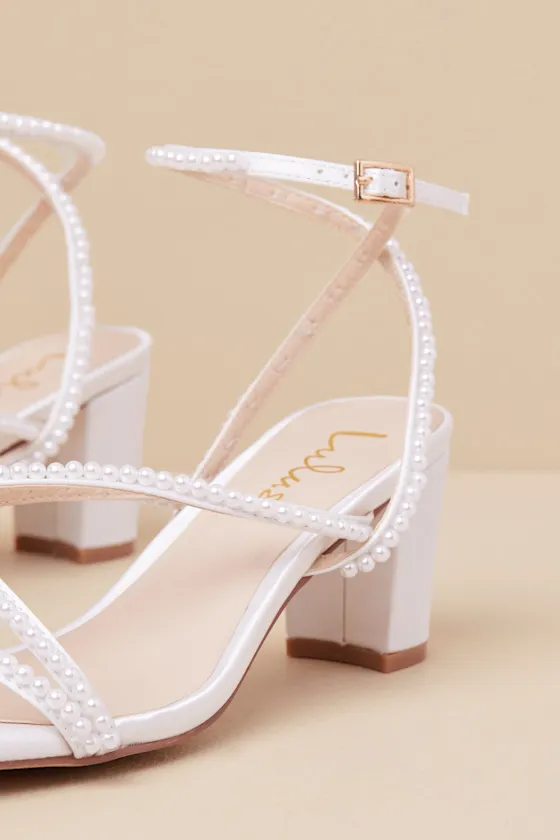 Makenna White Pearl Satin Strappy Ankle Strap Low Heel Sandals sold by Lulus product image thumbnail 4