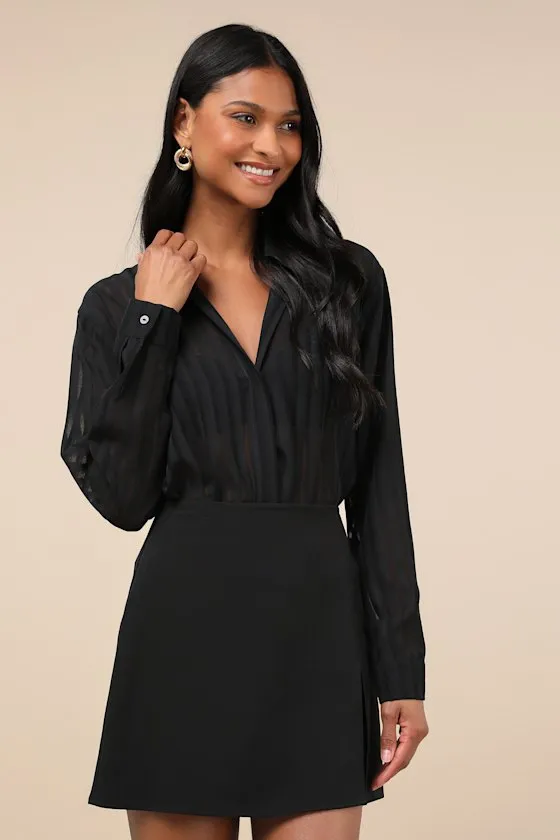 Elevated Intent Black Sheer Burnout Striped Collared Bodysuit sold by Lulus