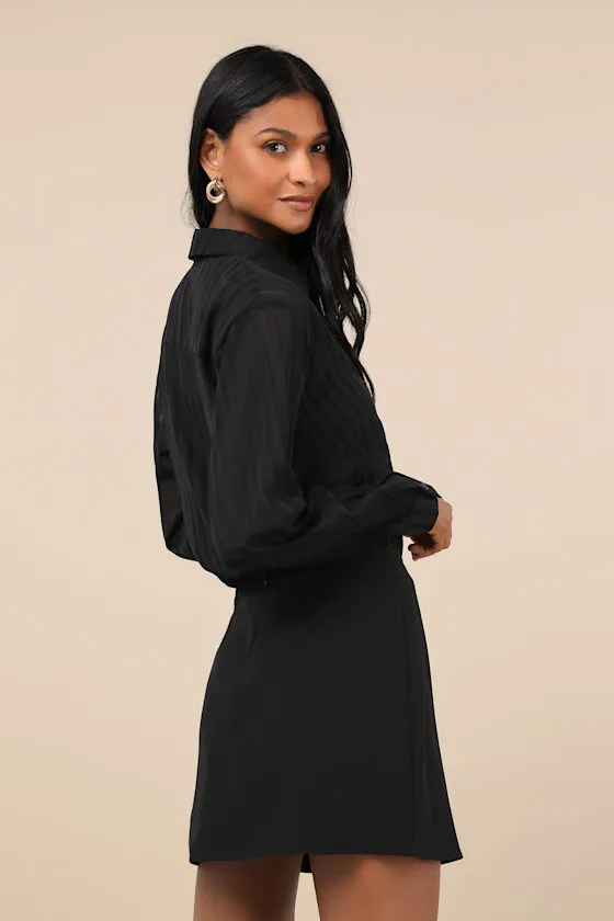 Elevated Intent Black Sheer Burnout Striped Collared Bodysuit sold by Lulus product image thumbnail 2