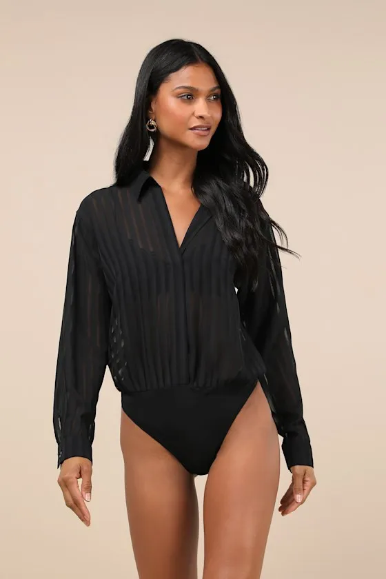 Elevated Intent Black Sheer Burnout Striped Collared Bodysuit sold by Lulus product image thumbnail 4