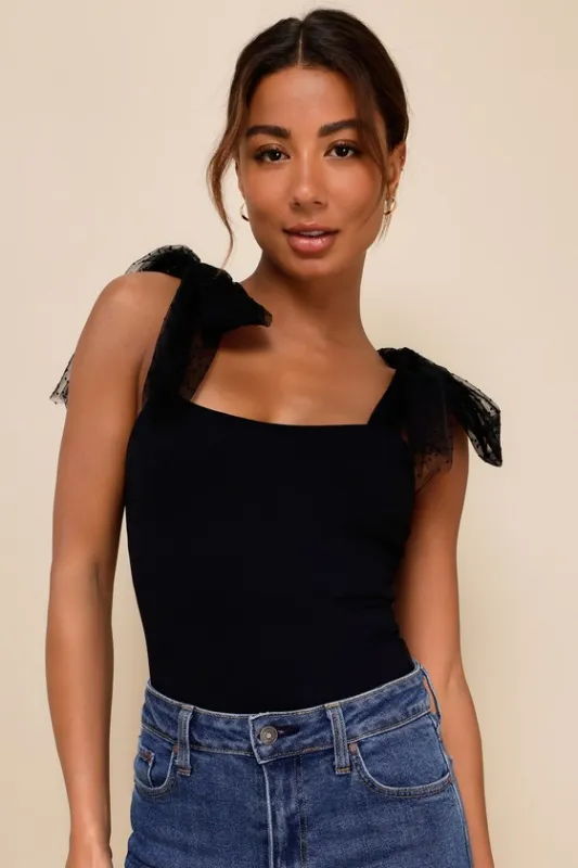 Thoughtful Charm Black Swiss Dot Tie-Strap Bodysuit sold by Lulus