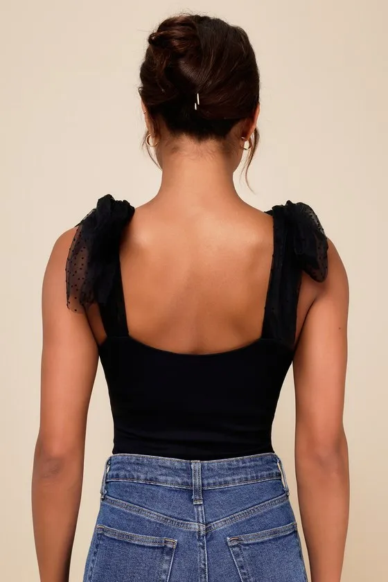 Thoughtful Charm Black Swiss Dot Tie-Strap Bodysuit sold by Lulus product image thumbnail 3