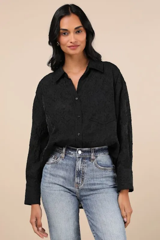 Composed Concept Black Burnout Clip Dot Oversized Button-Up Top sold by Lulus
