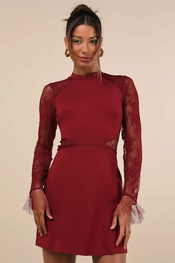 Bragging Rights Burgundy Lace Long Sleeve Skater Dress sold by Lulus