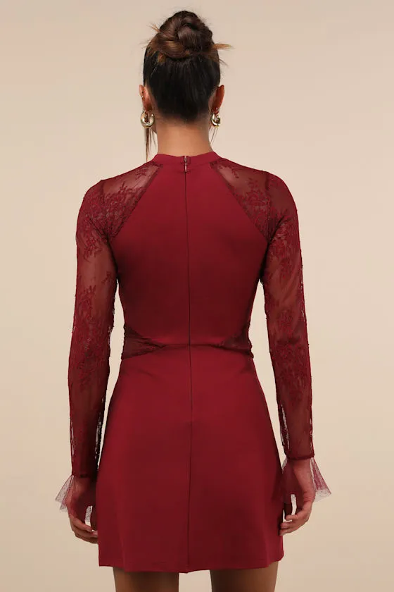 Bragging Rights Burgundy Lace Long Sleeve Skater Dress sold by Lulus product image thumbnail 2