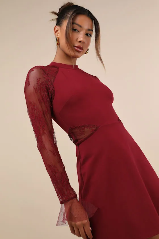 Bragging Rights Burgundy Lace Long Sleeve Skater Dress sold by Lulus product image thumbnail 4