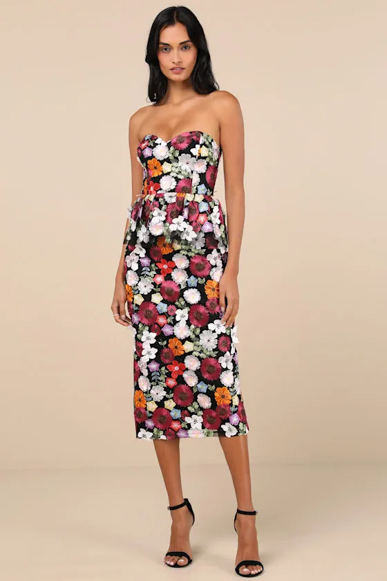 Fabulous Display Black Multi 3D Floral Strapless Midi Dress sold by Lulus