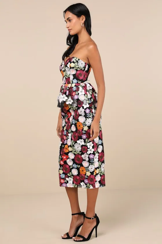 Fabulous Display Black Multi 3D Floral Strapless Midi Dress sold by Lulus product image thumbnail 2