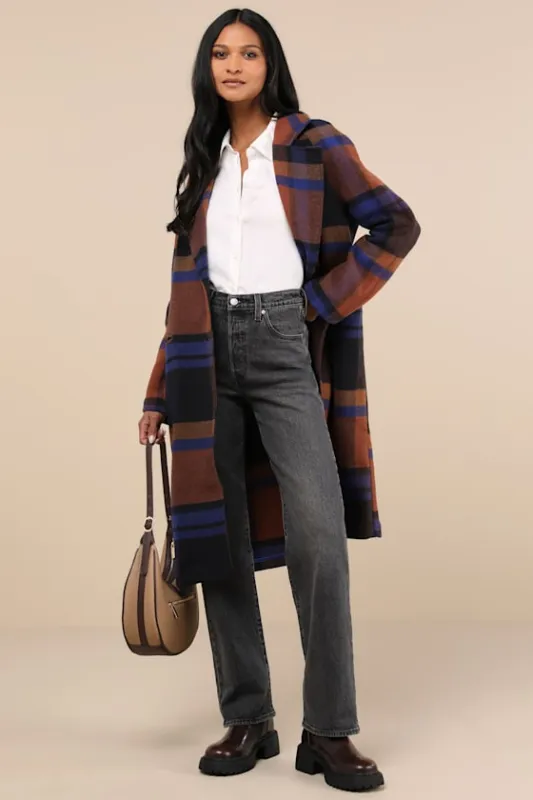 Ideal Weather Brown and Blue Plaid Coat sold by Lulus