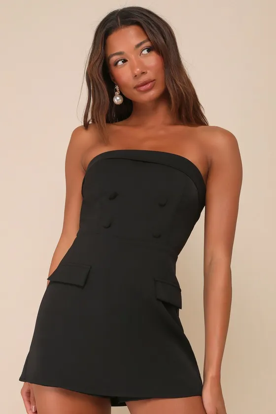 Upscale Pose Black Button-Front Strapless Romper sold by Lulus