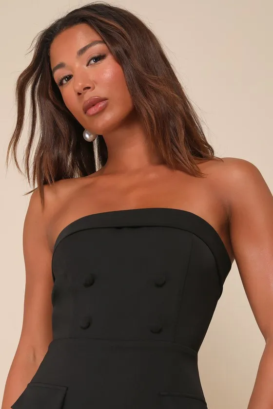 Upscale Pose Black Button-Front Strapless Romper sold by Lulus product image thumbnail 4