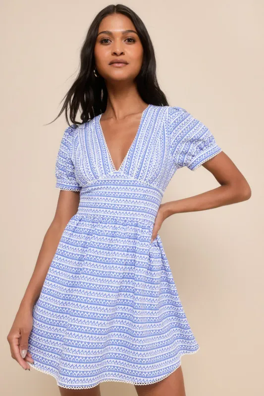 Lovely Chicness Blue and White Lace Puff Sleeve Mini Dress sold by Lulus
