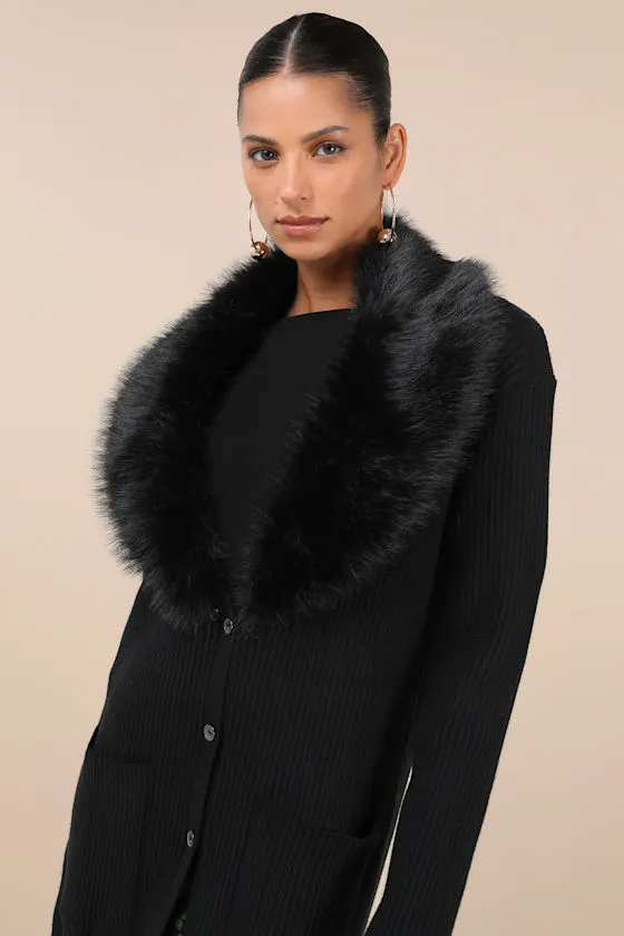 Effortlessly Lavish Black Ribbed Faux Fur Collared Coatigan sold by Lulus