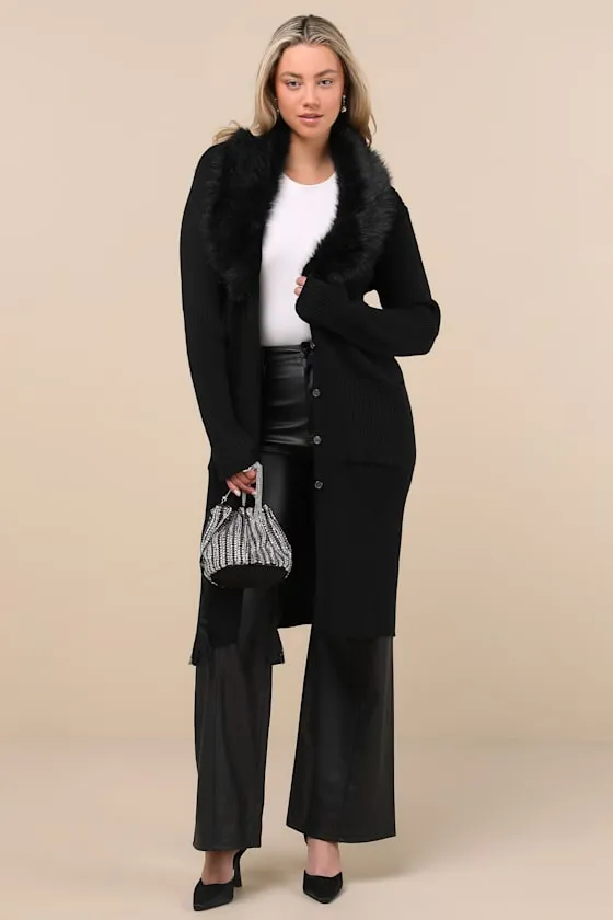 Effortlessly Lavish Black Ribbed Faux Fur Collared Coatigan sold by Lulus product image thumbnail 2