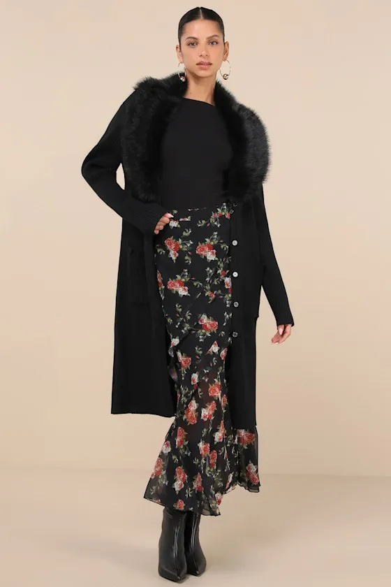 Effortlessly Lavish Black Ribbed Faux Fur Collared Coatigan sold by Lulus product image thumbnail 3