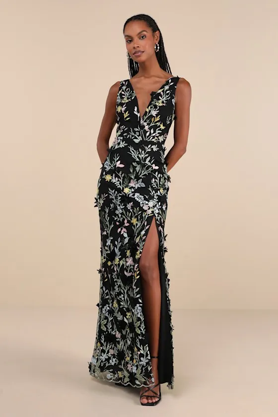 Elegant Composure Black Floral Embroidered Lace-Up Maxi Dress sold by Lulus