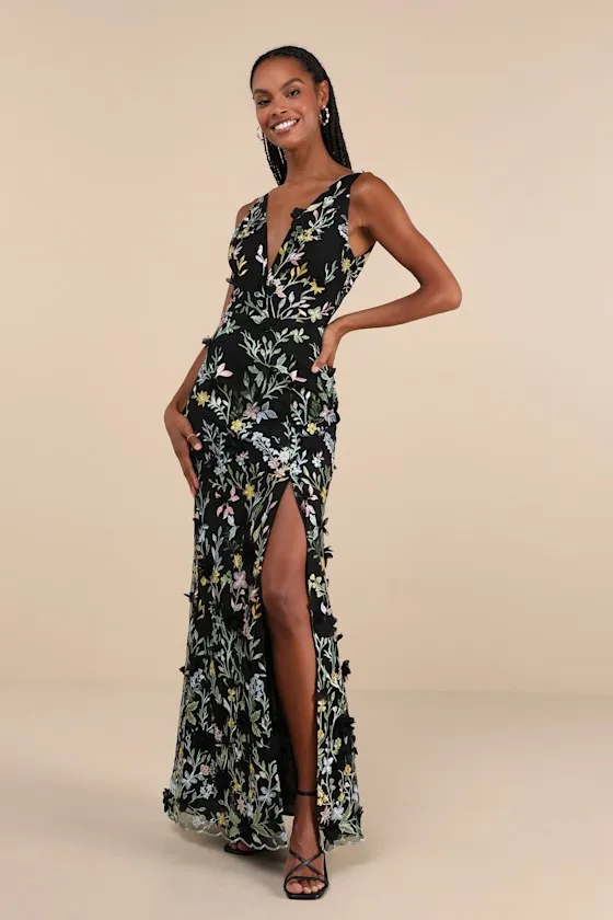 Elegant Composure Black Floral Embroidered Lace-Up Maxi Dress sold by Lulus product image thumbnail 2