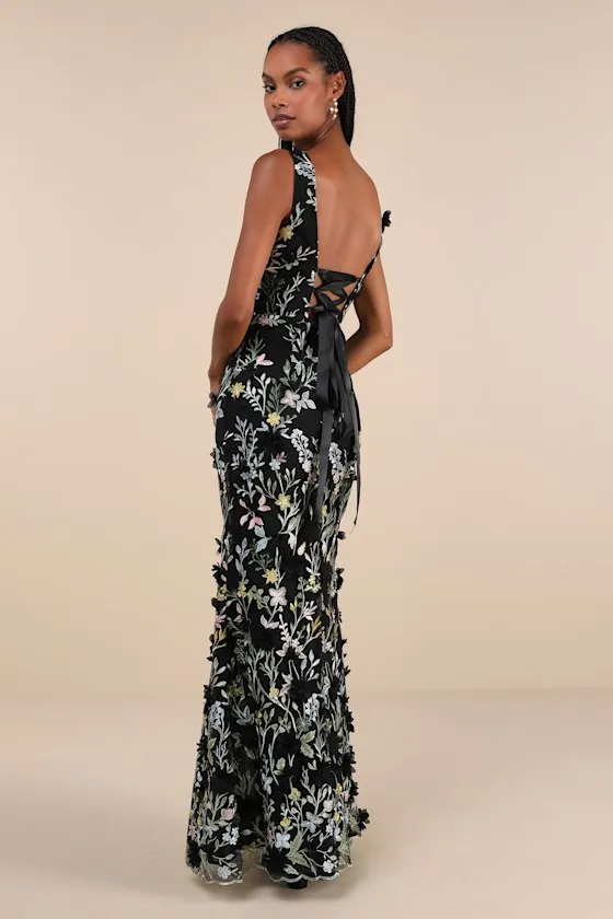 Elegant Composure Black Floral Embroidered Lace-Up Maxi Dress sold by Lulus product image thumbnail 3