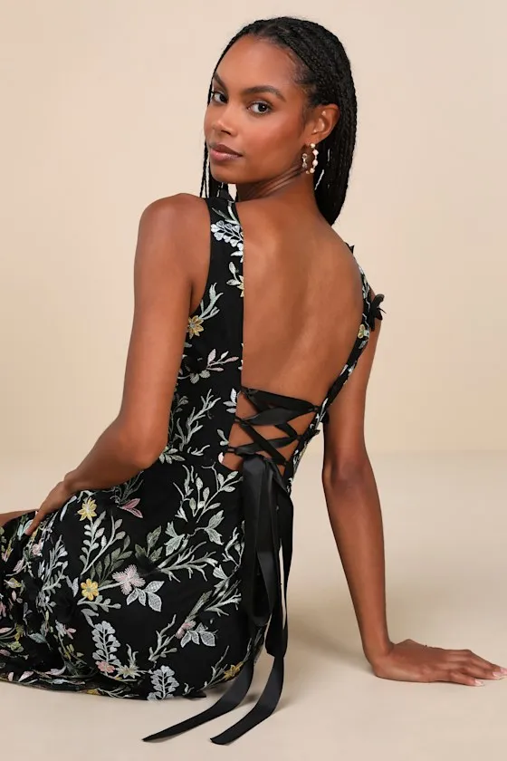 Elegant Composure Black Floral Embroidered Lace-Up Maxi Dress sold by Lulus product image thumbnail 4