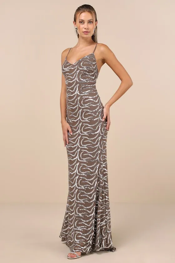 Mesmerizing Demeanor Taupe Sequin Backless Mermaid Maxi Dress sold by Lulus