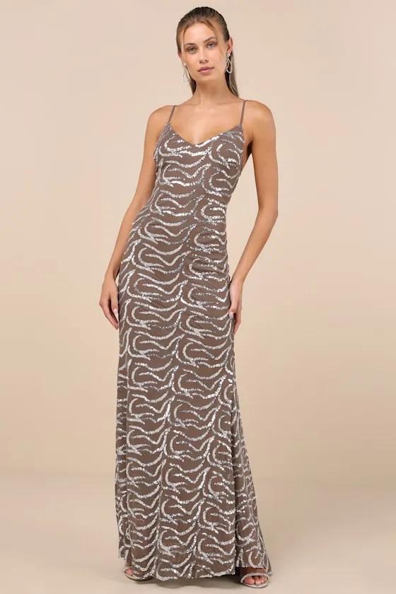 Mesmerizing Demeanor Taupe Sequin Backless Mermaid Maxi Dress sold by Lulus product image thumbnail 4