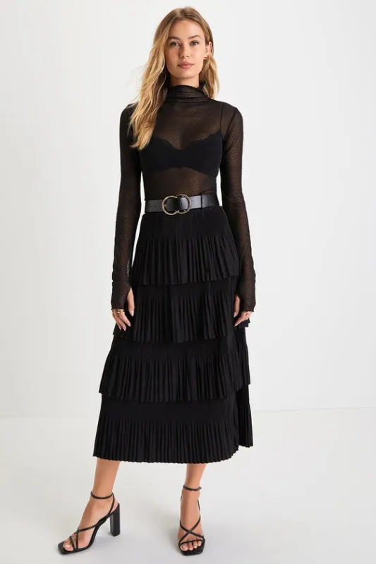 Stylish Fascination Black Pleated Tiered Midi Skirt sold by Lulus