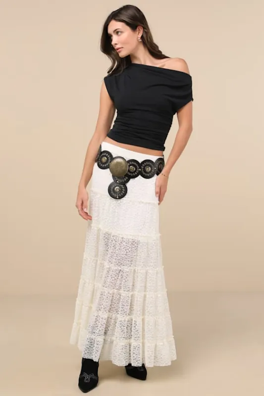 Huntleigh Ivory Lace Tiered Maxi Skirt sold by Lulus