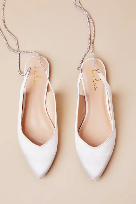 Finnian White Satin Rhinestone Lace-Up Pointed-Toe Flats sold by Lulus