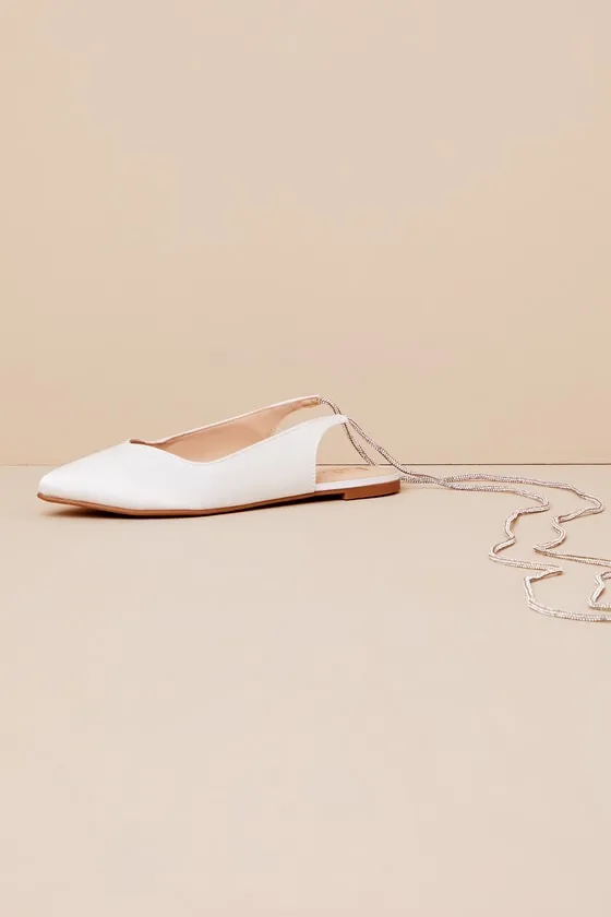 Finnian White Satin Rhinestone Lace-Up Pointed-Toe Flats sold by Lulus product image thumbnail 4