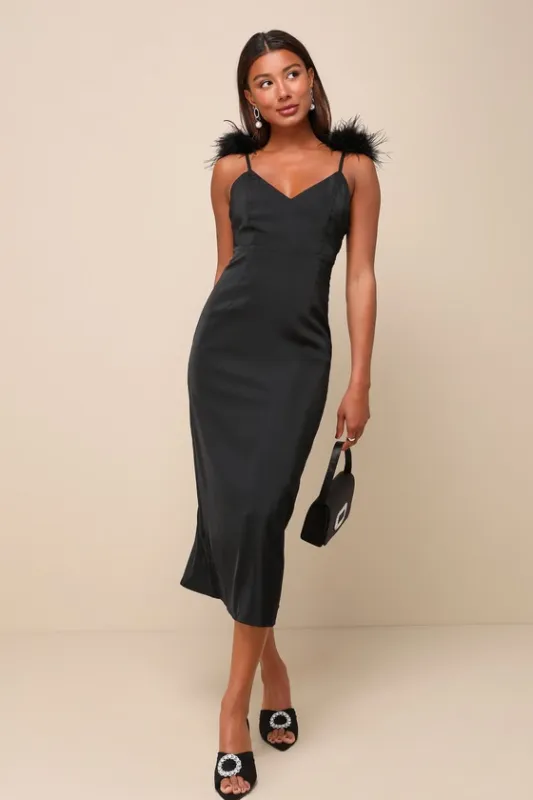 Exquisite Invite Black Satin Feather Backless Midi Dress sold by Lulus