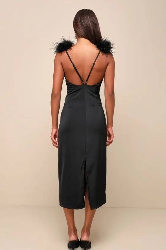 Exquisite Invite Black Satin Feather Backless Midi Dress sold by Lulus product image thumbnail 2