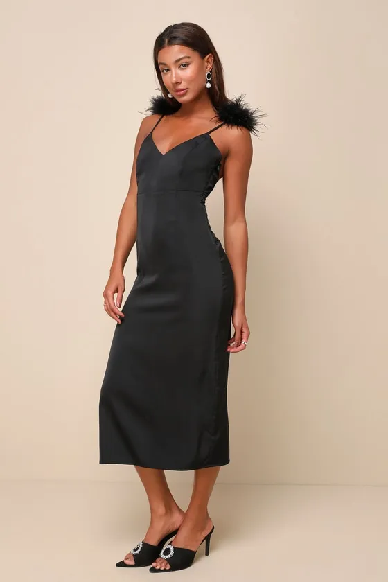 Exquisite Invite Black Satin Feather Backless Midi Dress sold by Lulus product image thumbnail 4