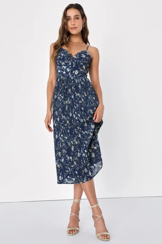 Poise and Perfection Navy Floral Print Pleated Midi Dress sold by Lulus