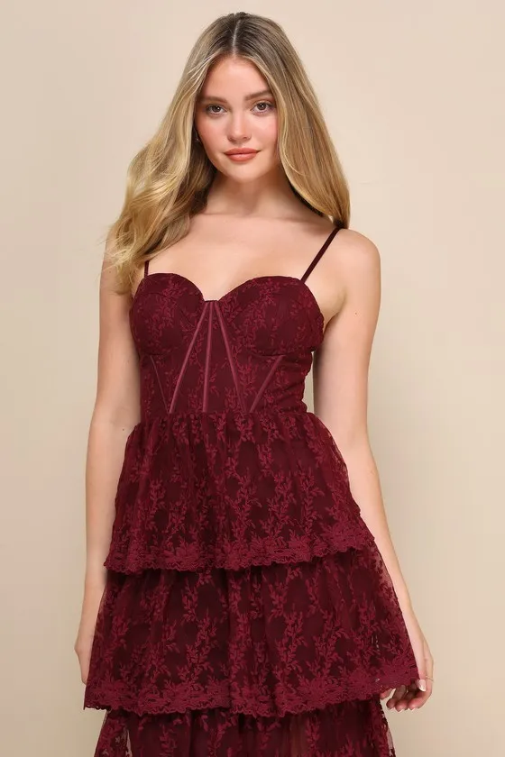 Exceptional Persona Wine Red Lace Tiered Bustier Midi Dress sold by Lulus