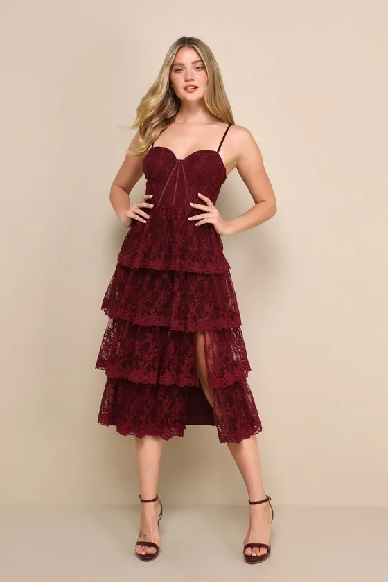 Exceptional Persona Wine Red Lace Tiered Bustier Midi Dress sold by Lulus product image thumbnail 2